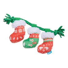 Load image into Gallery viewer, BARK Xmas Stocking Tuggers Dog Toy - 3 Plush Stockings on T-Shirt Rope Tug Toy