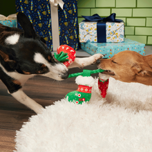 Load image into Gallery viewer, BARK Xmas Stocking Tuggers Dog Toy - 3 Plush Stockings on T-Shirt Rope Tug Toy