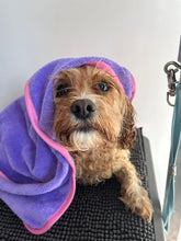 Load image into Gallery viewer, Dot Dot Pet Bamboo Dog Towel Small Purple 50cm x 50cm – Quick-Drying Towel with Hood & Drying Pockets for Small Breeds
