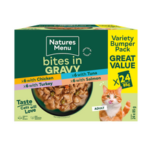 Load image into Gallery viewer, Natures Menu Bites in Gravy Variety Multipack For Cats 24 x 85g