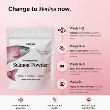 Load image into Gallery viewer, Merlins 100% Freeze Dried Salmon Powder 100g - Natural Norwegian Salmon Supplement for Cats to Support Heart, Brain, Eye and Coat Health
