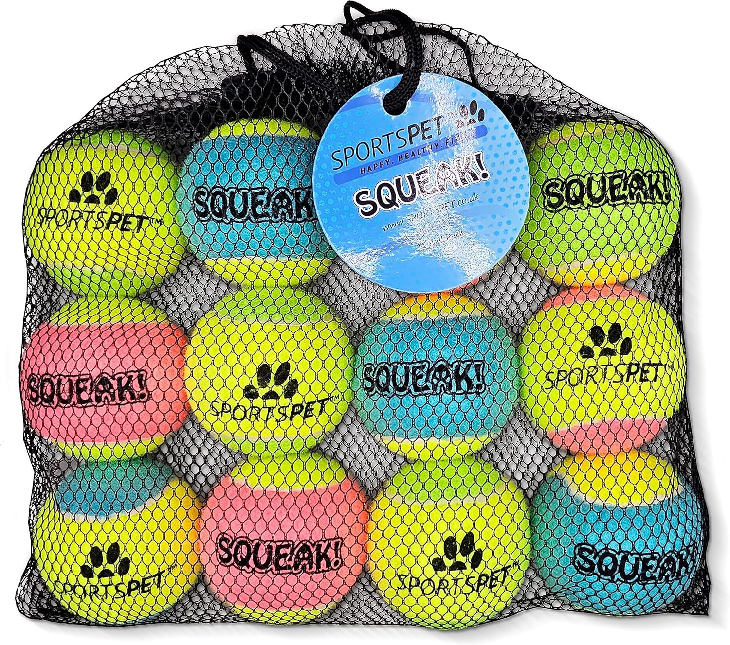 Sportspet Tennis Ball Medium 12 Pack With Squeaker Mixed