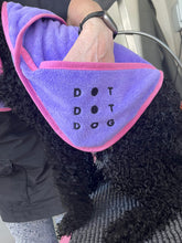 Load image into Gallery viewer, Dot Dot Pet Bamboo Dog Towel Small Purple 50cm x 50cm – Quick-Drying Towel with Hood &amp; Drying Pockets for Small Breeds

