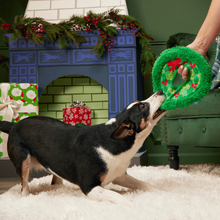 Load image into Gallery viewer, BARK Xmas Wreath Toss Dog Toy - Fetch and Fling Disc Toy with T-Shirt Rope and Plush Crinkle
