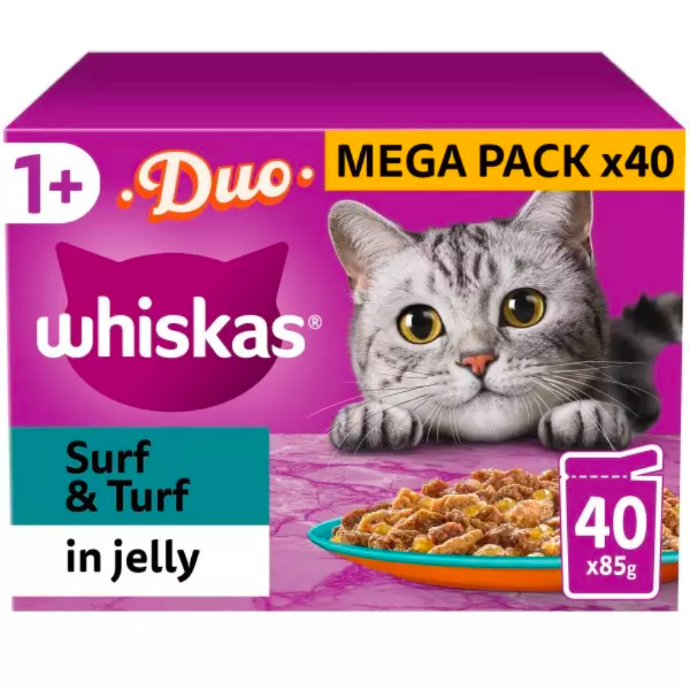 WHISKAS 1+ Cat 85g Pouches x 40 , Fish, Poultry fish and Surf &Turf 