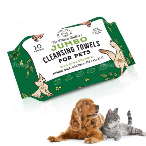 Jumbo Cleansing Towels for Pets - No More Baths! Pack Of 10 wipes