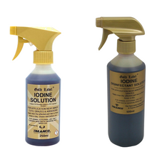 Load image into Gallery viewer, Gold Label Iodine Spray – 3% Povidone Iodine Antiseptic for Minor Cuts, Grazes &amp; Thrush, Non-Staining &amp; Non-Irritating Formula, Suitable for Horses, Dogs &amp; Livestock, Available in 250ml &amp; 500ml
