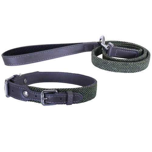 Forest Herringbone/Grey Leather Collars & Lead