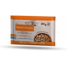 Load image into Gallery viewer, Nature&#39;s Variety Wet Cat Food Pouches Chicken Or Salmon Bites In Gravy 85g
