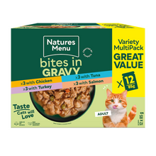 Load image into Gallery viewer, Natures Menu Bites in Gravy Multipack For Adult Cats 12 x 85g
