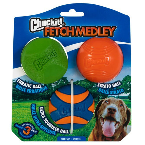 Chuckit! Fetch Rubber Dog Ball Medley 2 Assorted Medium 3 Pack 6.5cm