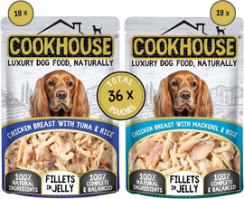 Load image into Gallery viewer, COOKHOUSE 100% Natural &amp; Complete Luxury Wet Dog Food - 36 x 100g Pouches - Fillets in Jelly

