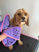 Load image into Gallery viewer, Dot Dot Pet Bamboo Dog Towel Small Purple 50cm x 50cm – Quick-Drying Towel with Hood &amp; Drying Pockets for Small Breeds
