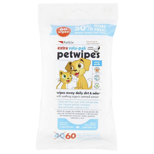 Petkin Eco Wipe Vanilla & Coconut Pet Cat Dog Supplies Wipes 60 Pack