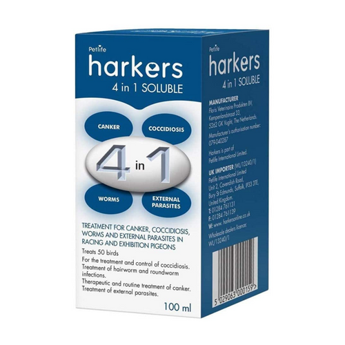 Harkers 4 in 1 Soluble Canker, Coccidiosis, Worms, Parasites in Pigeons 100ml